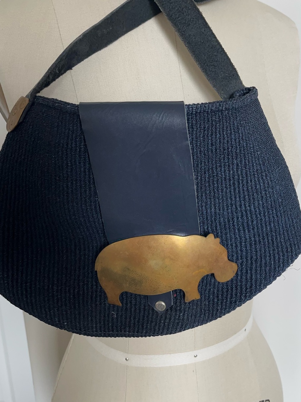 VINTAGE African Navy Brass Hippo Bag Handwoven Sisal Market Purse Leather
